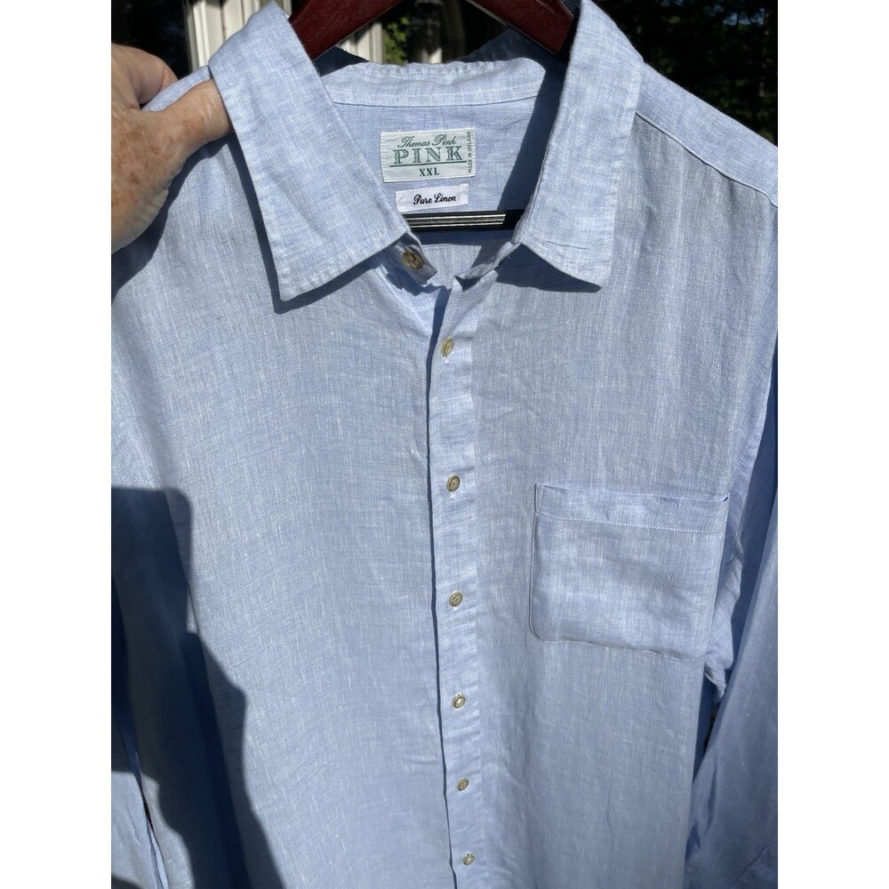 Thomas Pink Pure Linen Button Up Shirt Blue Made in Ireland Mens XXL *Read*